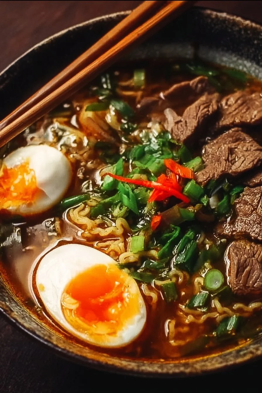 Delicious bowl of beef ramen noodle soup with fresh ingredients