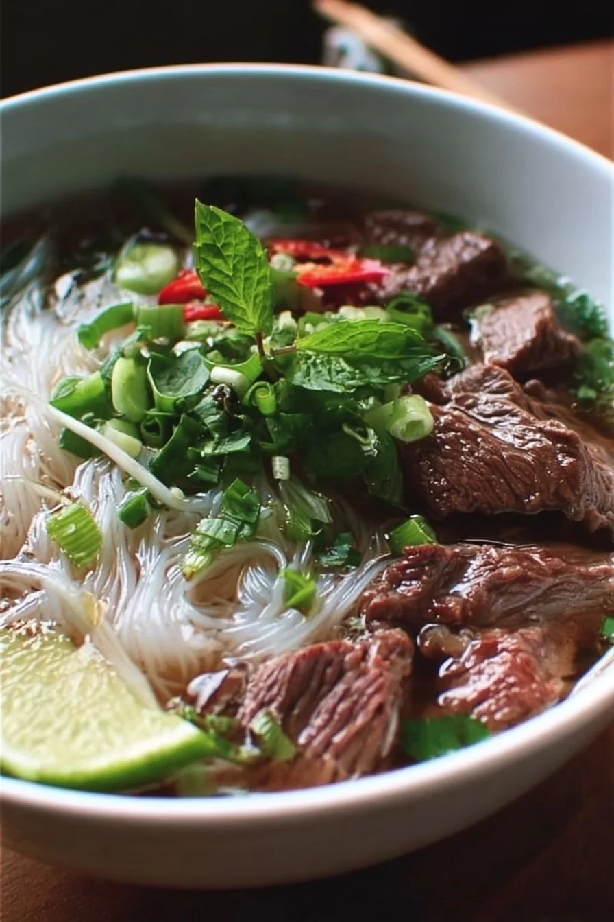 Bowl of best beef pho with herbs and spices