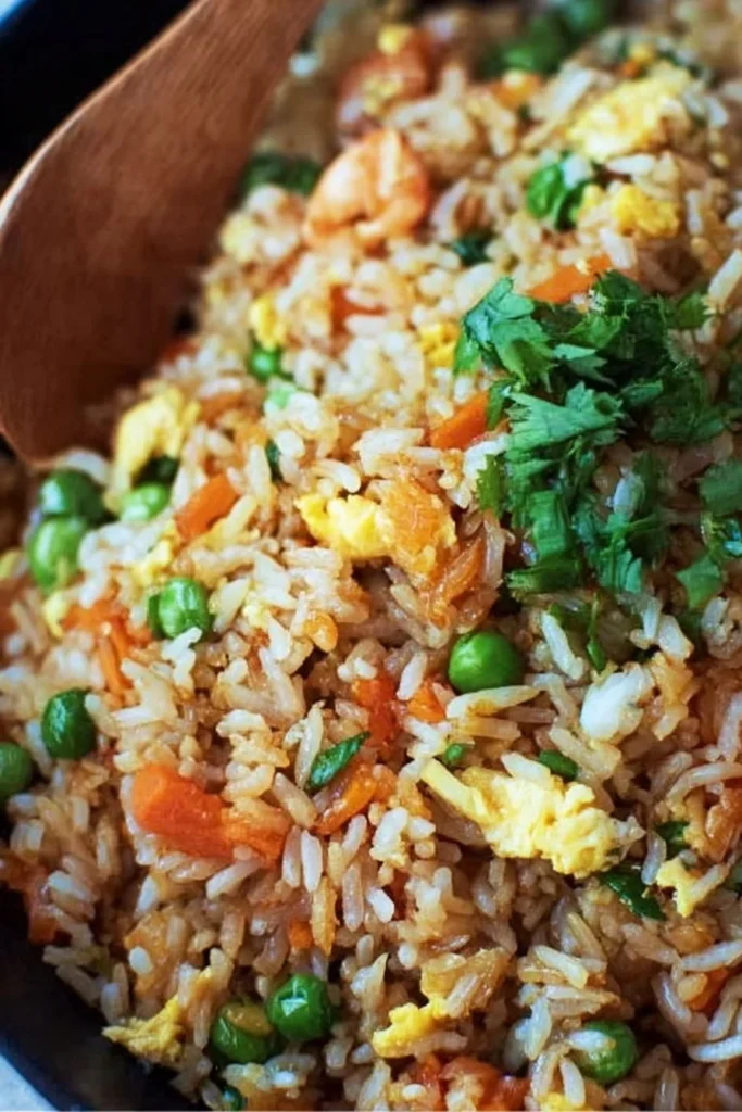 Delicious plate of homemade better than take-out fried rice with colorful vegetables