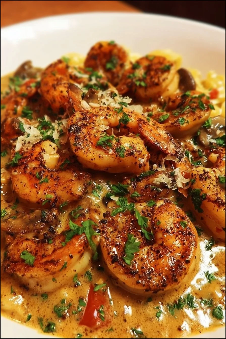 Blackened Shrimp Stroganoff 2 Delicious Blackened Shrimp Stroganoff served on a plate with garnish.