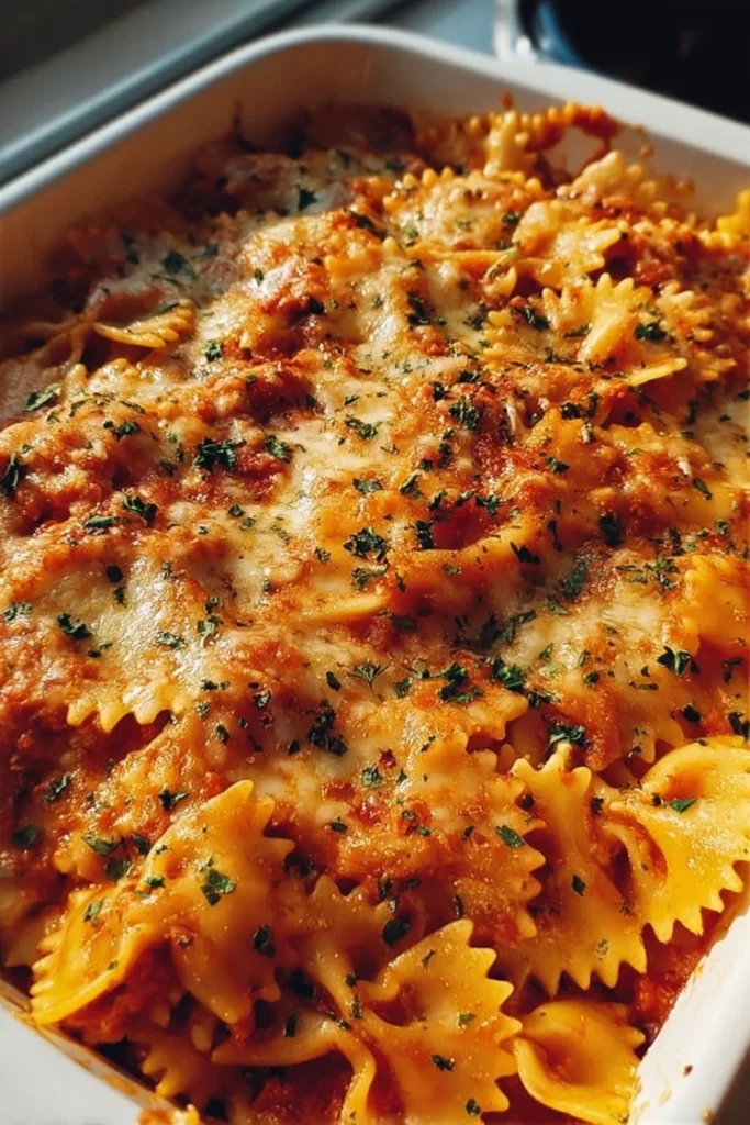 Delicious Bow Tie Pasta Lasagna layered with cheese and marinara sauce