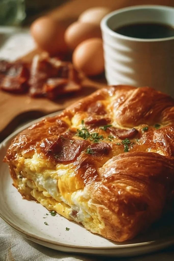 Breakfast casserole made with croissants, eggs, and cheese, served on a plate.