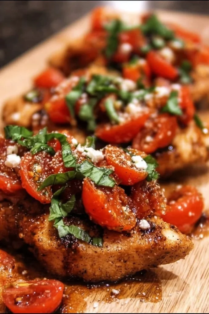 Delicious Bruschetta Chicken topped with fresh tomatoes and basil