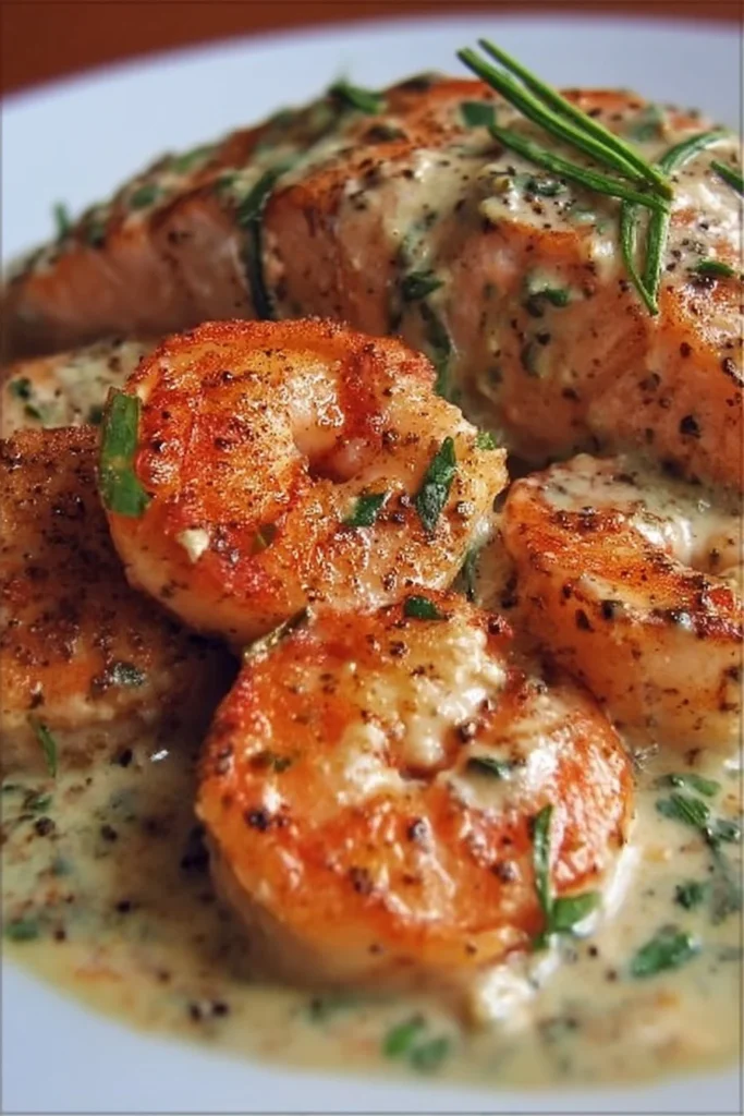 Cajun shrimp and salmon served with a rich garlic cream sauce on a plate.