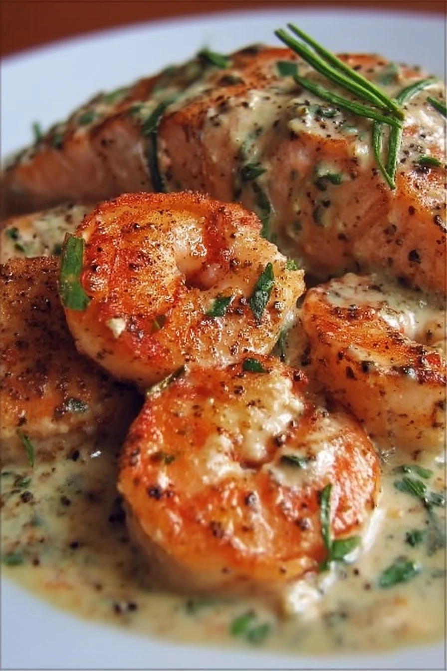 Cajun shrimp and salmon served with a rich garlic cream sauce on a plate.