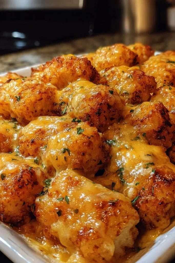 Cheddar Ranch Chicken Tater Tot Bake topped with cheese and ranch dressing