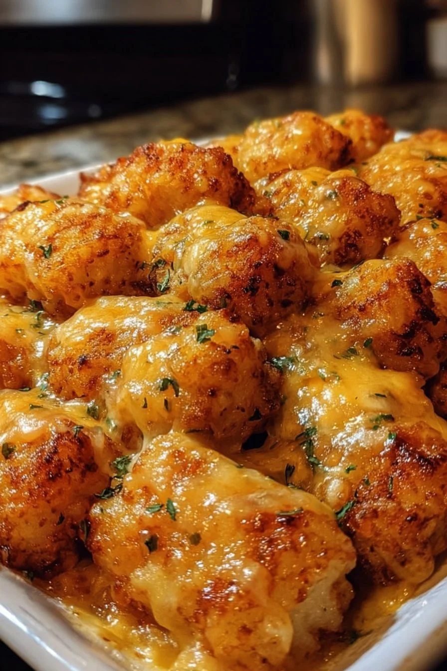 Cheddar Ranch Chicken Tater Tot Bake topped with cheese and ranch dressing