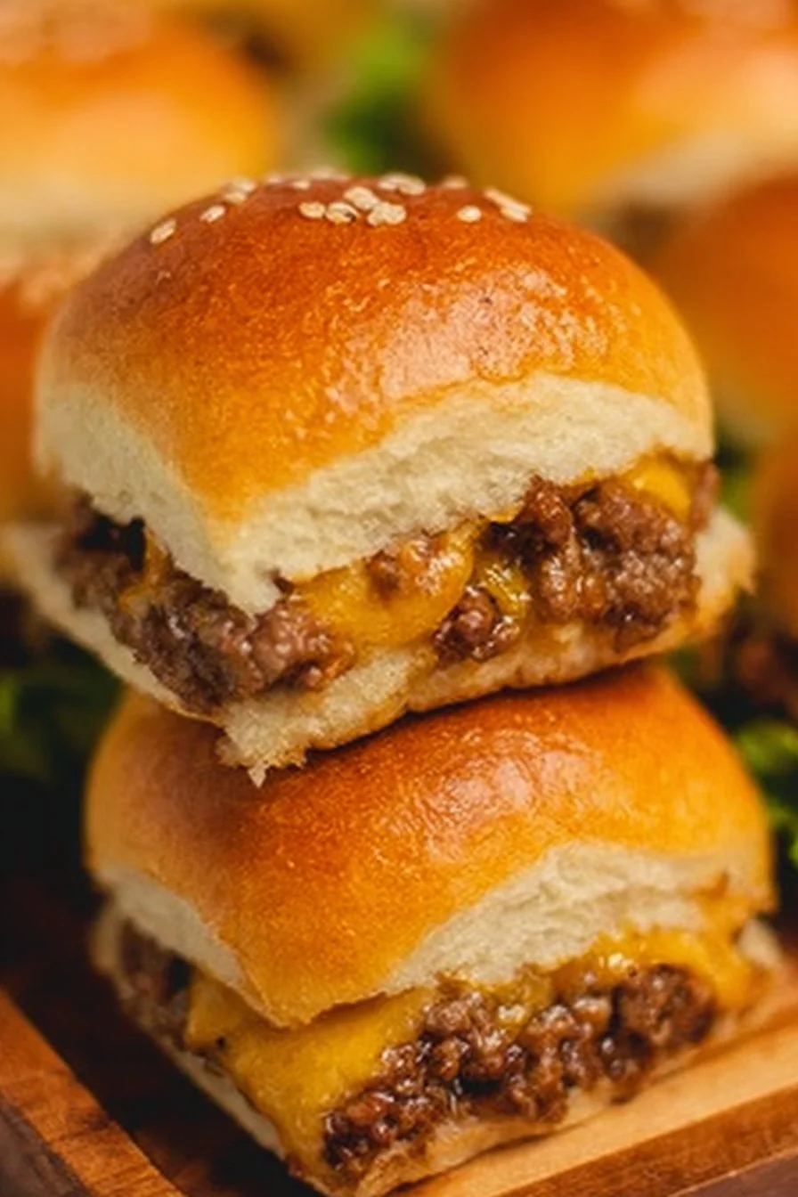 Cheeseburger Sliders 2 Delicious cheeseburger sliders served on a platter with toppings