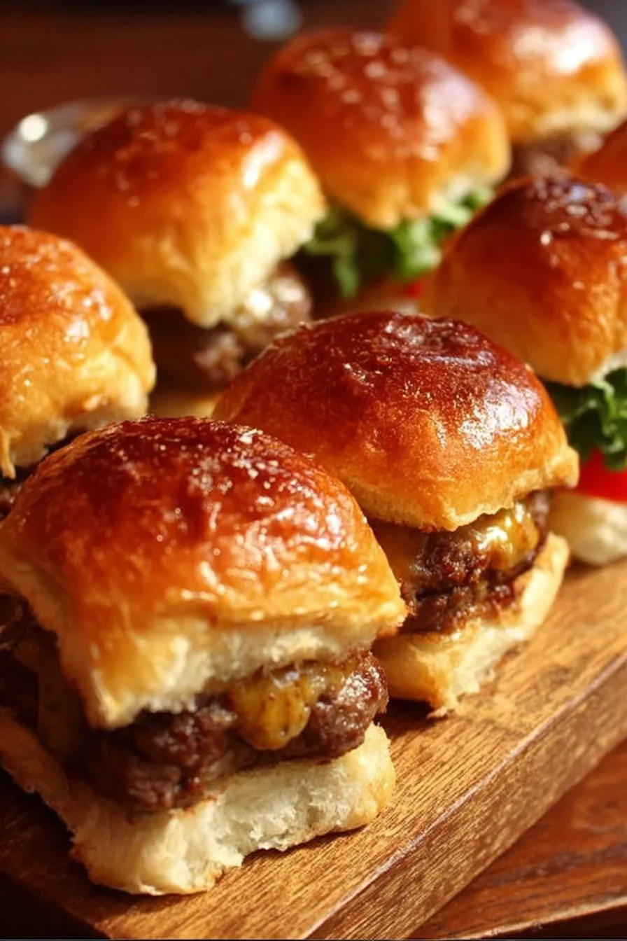 Plate of homemade cheeseburger sliders with toppings and fresh ingredients