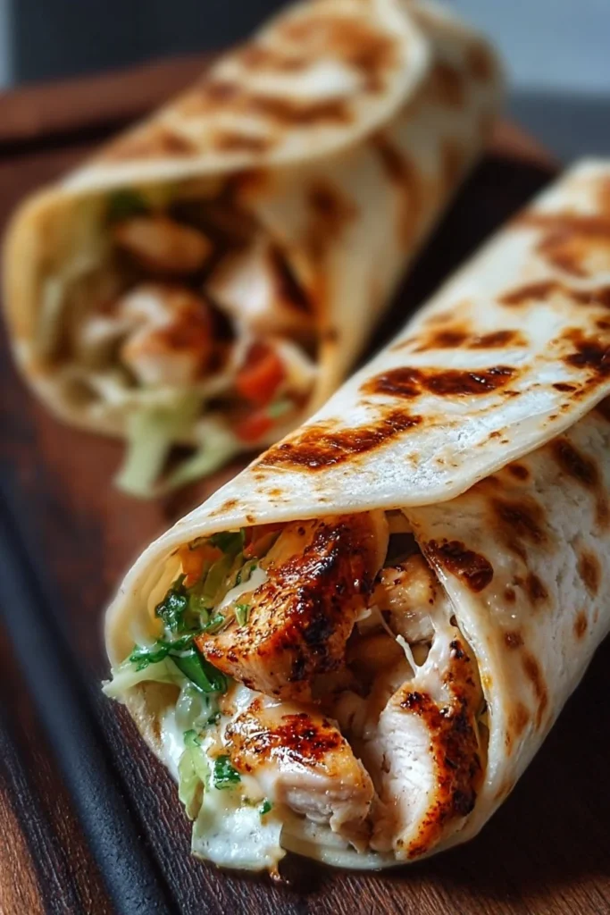 Cheesy garlic chicken wraps with fresh ingredients wrapped in warm tortillas