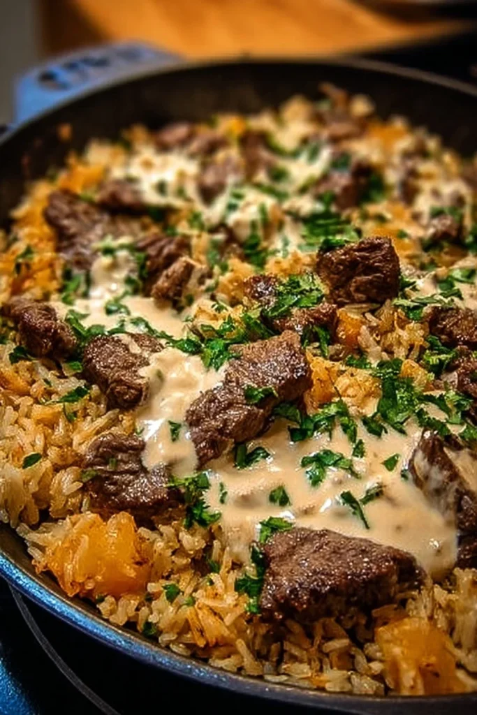 Cheesy steak and rice skillet dish garnished and ready to serve