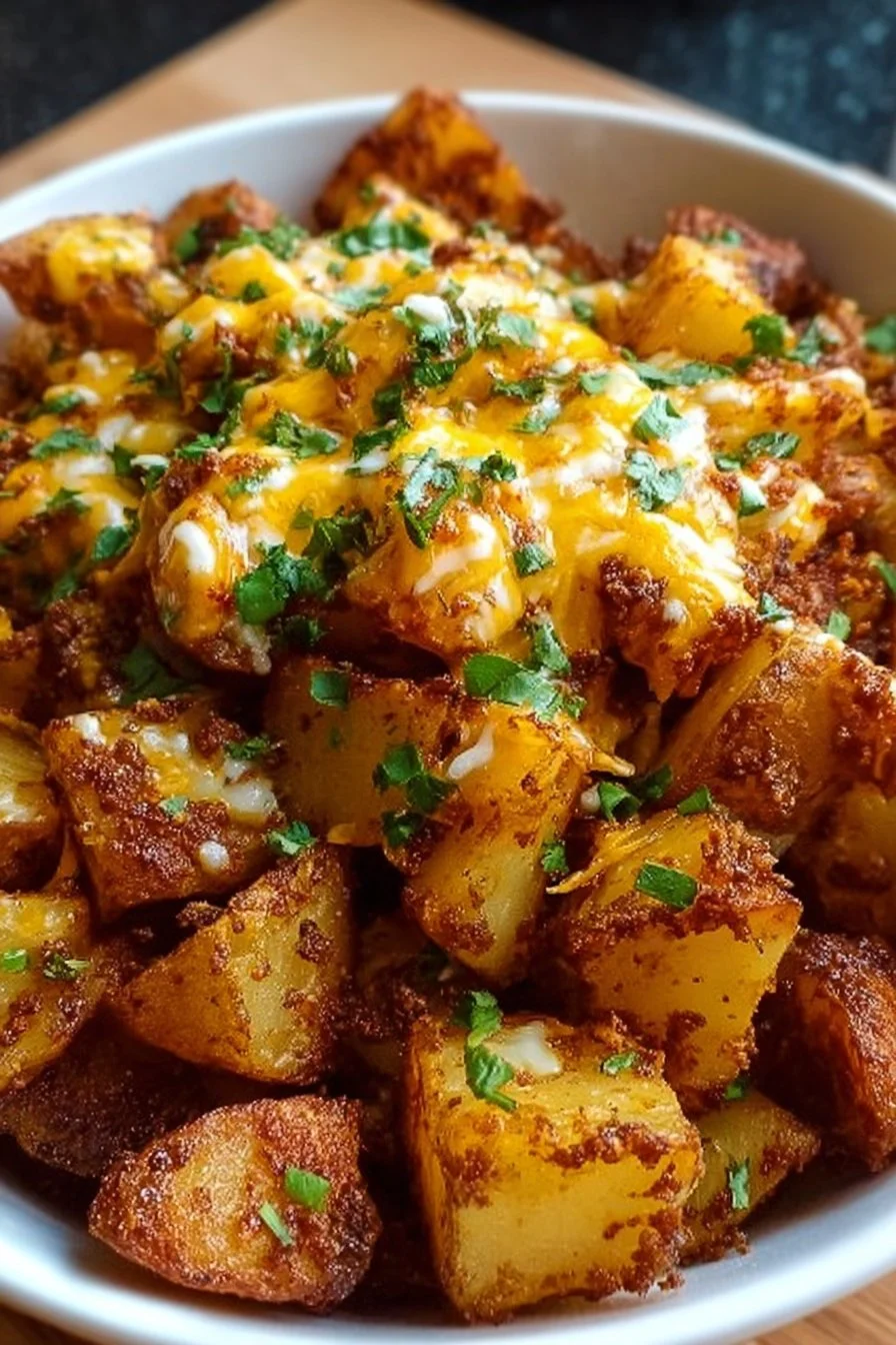 Cheesy Taco Potatoes 2 Cheesy taco potatoes topped with melted cheese and fresh toppings