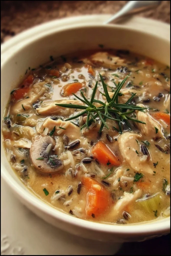 Delicious chicken soup with mushrooms and wild rice in a cozy bowl