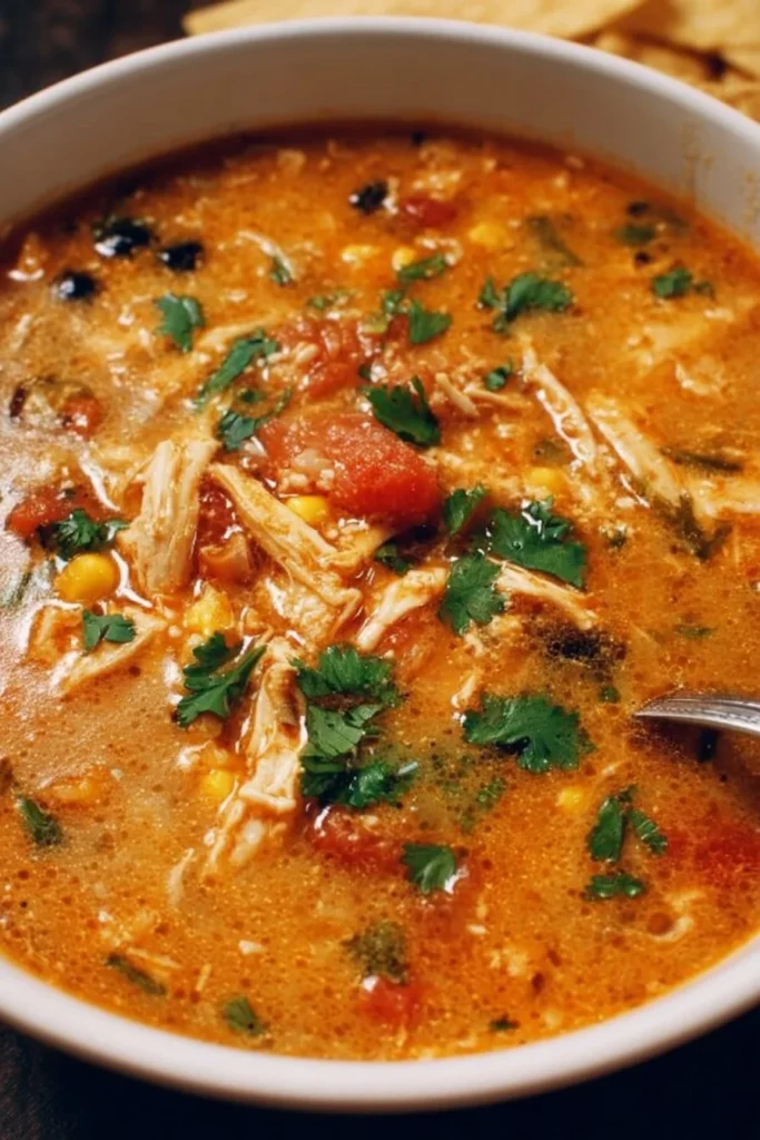 Bowl of Chicken Tortilla Soup garnished with cilantro and tortilla strips
