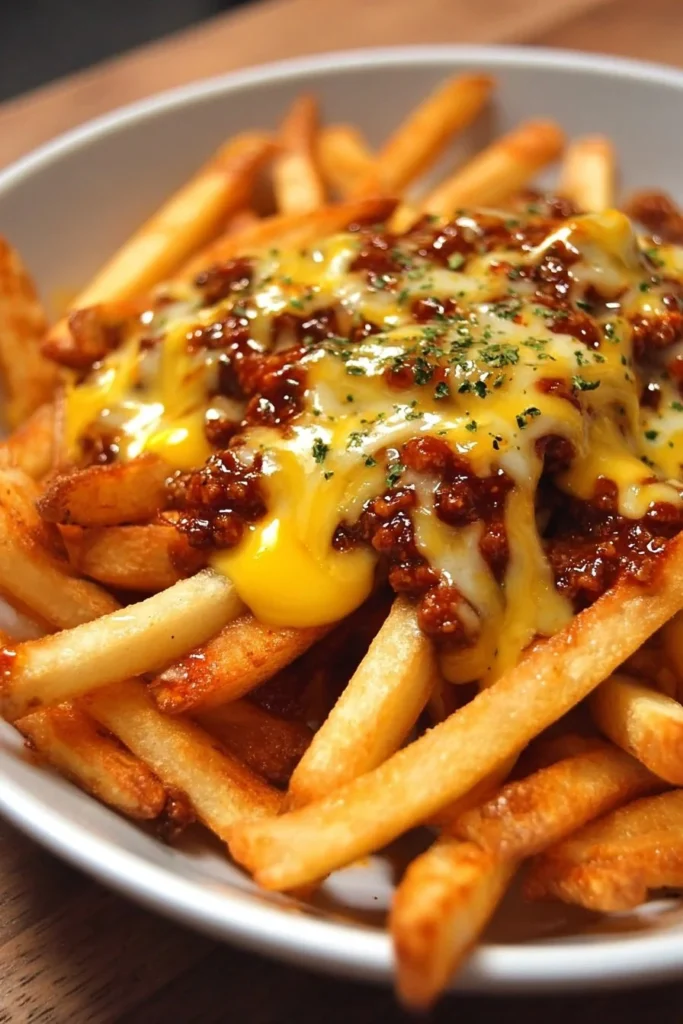 Delicious chili cheese fries topped with melted cheese and savory chili