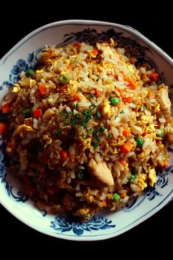 Delicious Chinese Chicken Fried Rice served in a bowl with colorful vegetables