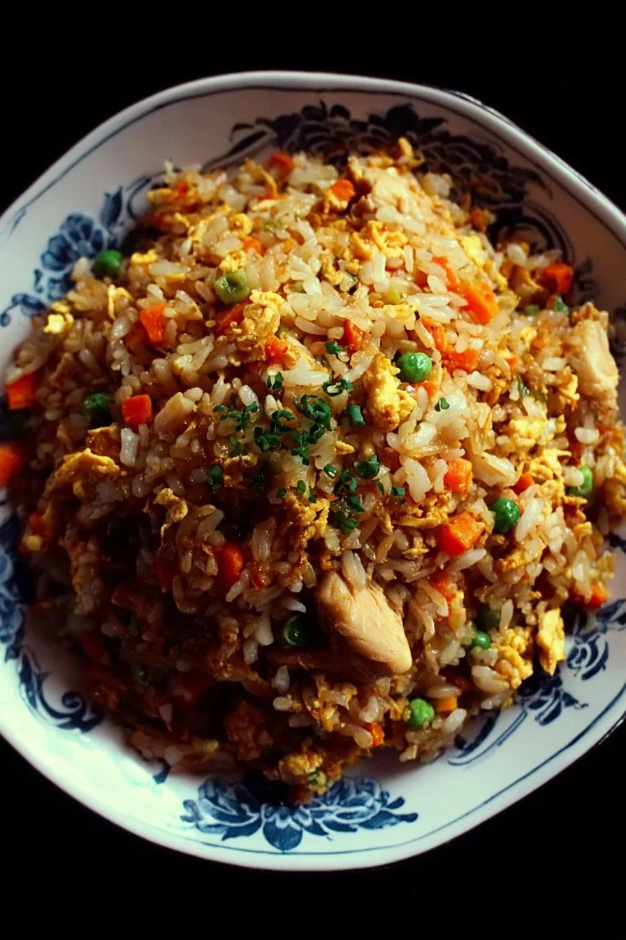 Chinese Chicken Fried Rice 2 Delicious Chinese Chicken Fried Rice served in a bowl with colorful vegetables