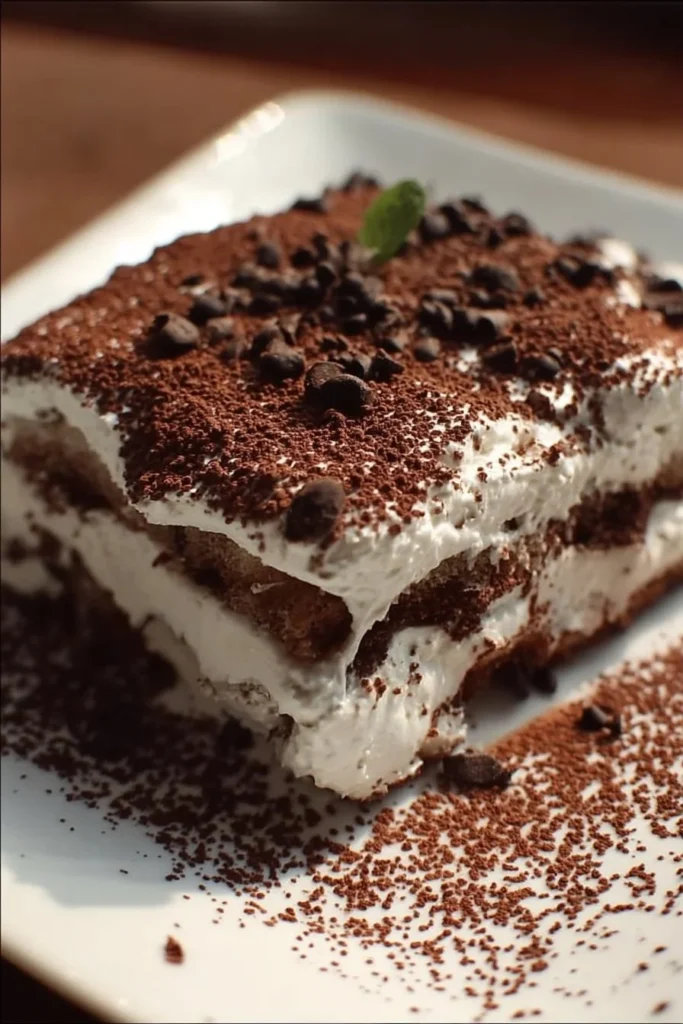Delicious layered Chocolate Lasagna dessert with chocolate and cream