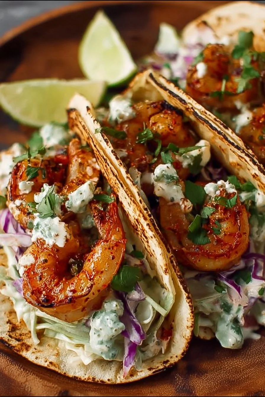 Cilantro lime shrimp tacos served with creamy slaw on a plate