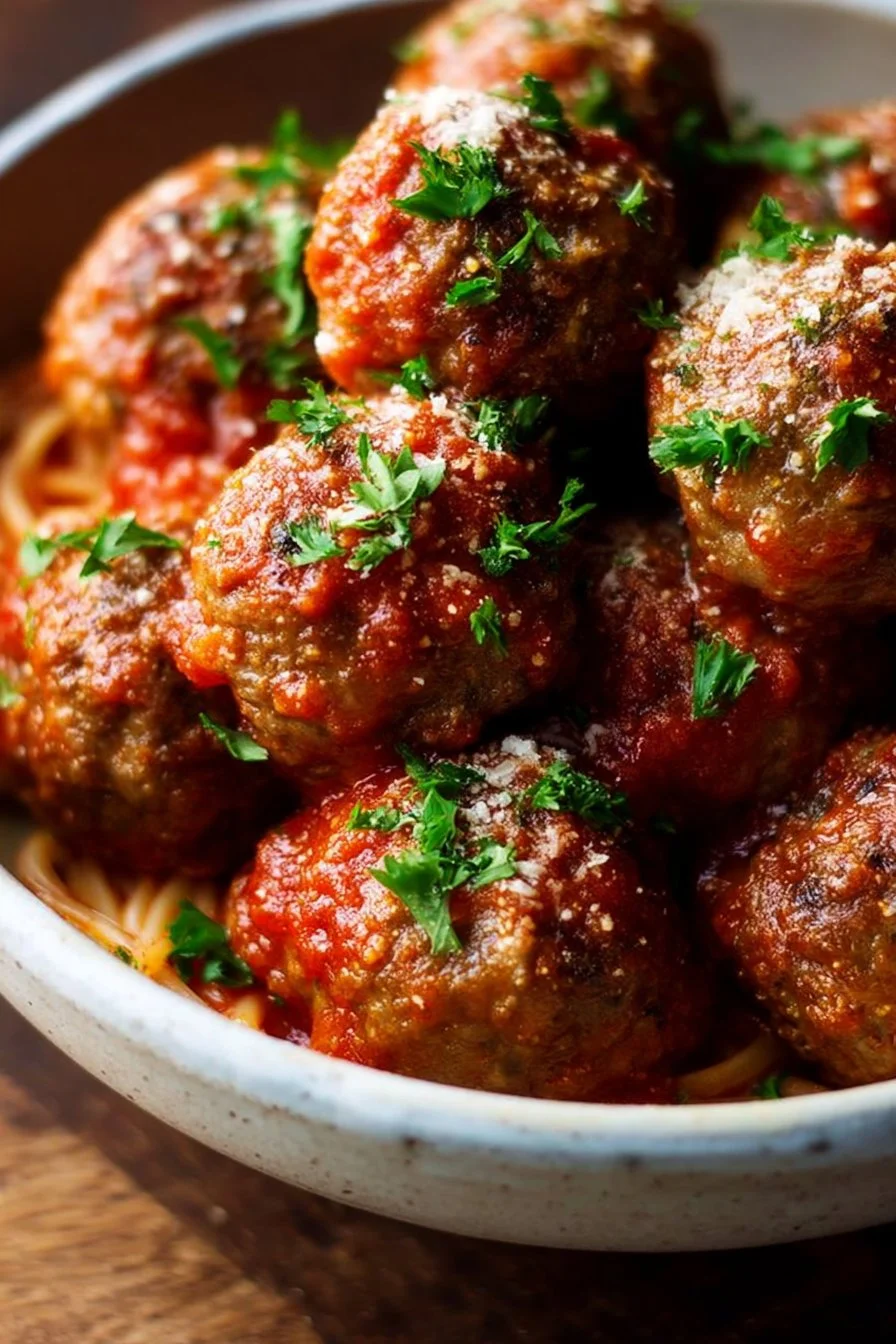 Delicious classic Italian meatballs served with marinara sauce and pasta