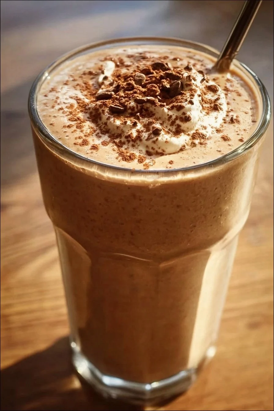 A nutritious coffee breakfast smoothie topped with fresh fruits