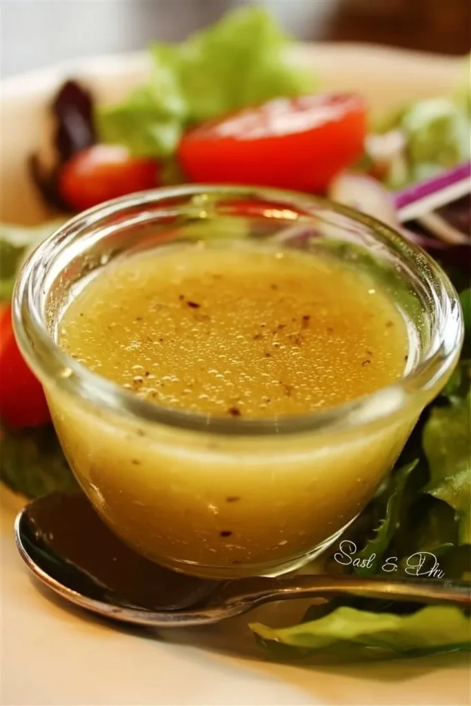 A bowl of homemade Olive Garden salad dressing, fresh ingredients and herbs.