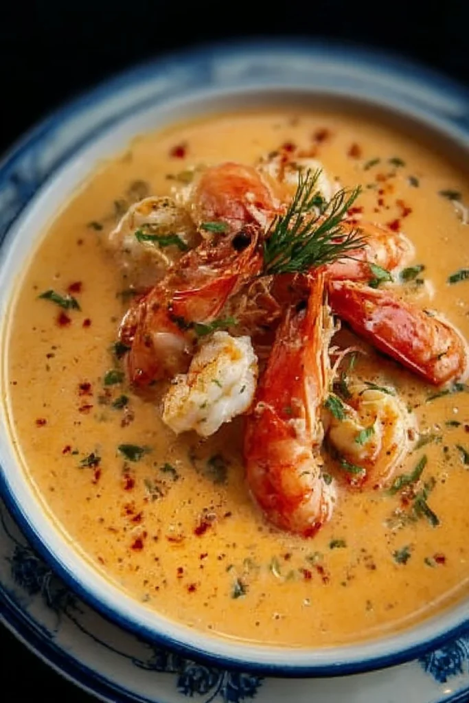 Delicious crab and shrimp seafood bisque served in a bowl with herbs.