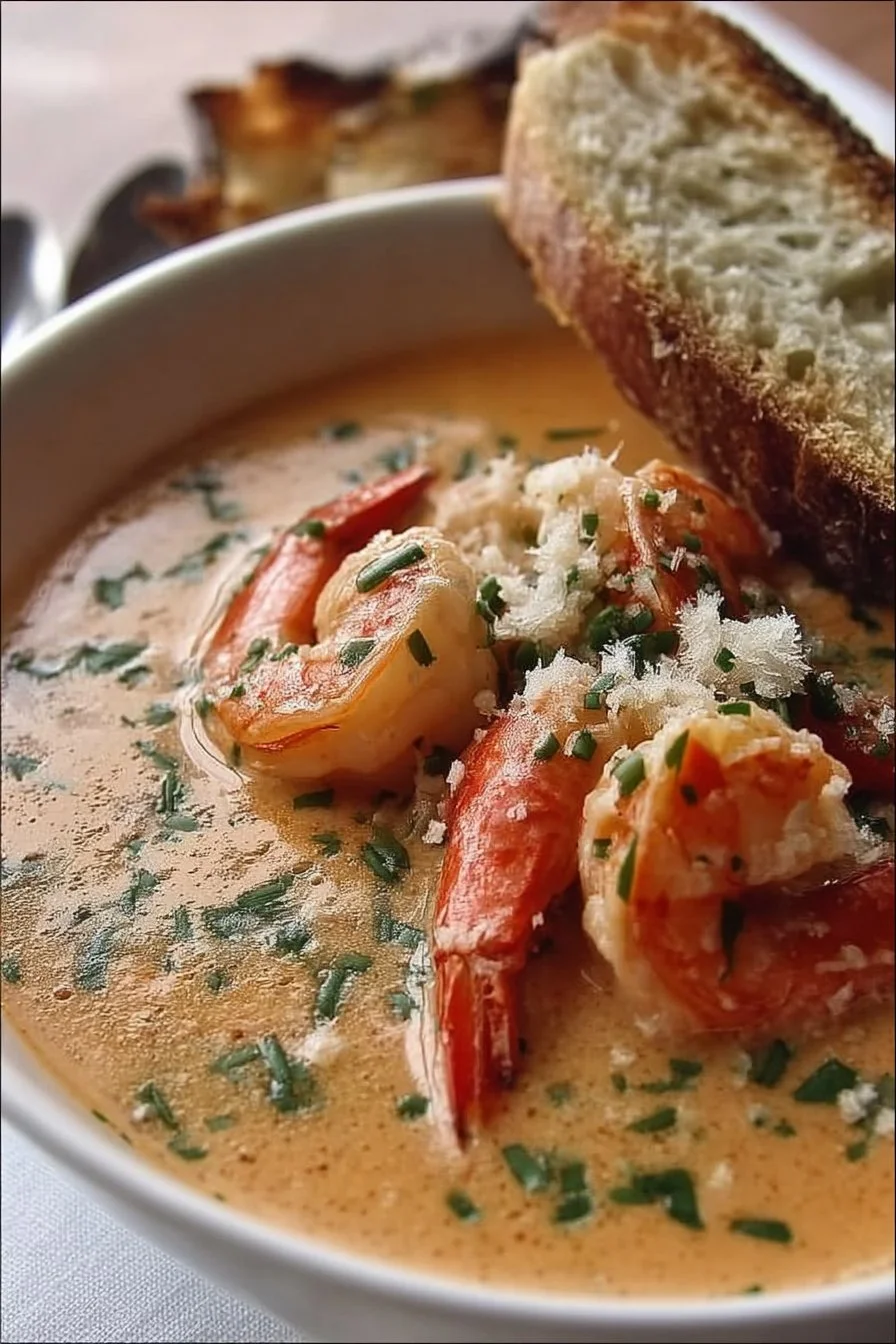 Crab and Shrimp Seafood Bisque 2 Crab and shrimp seafood bisque garnished with herbs in a bowl