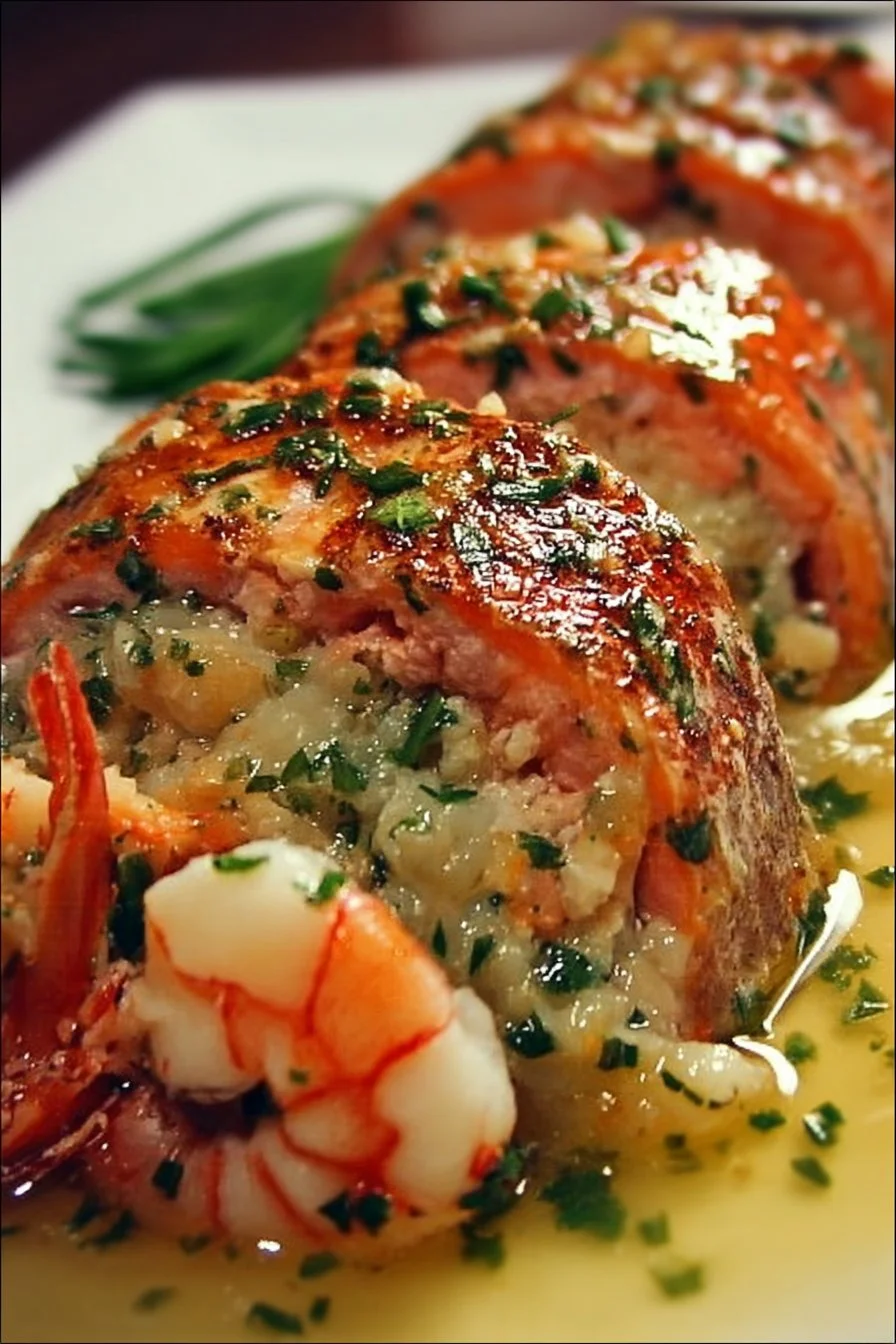 Crab and Shrimp Stuffed Salmon 2 Crab and shrimp stuffed salmon on a plate, ready to enjoy
