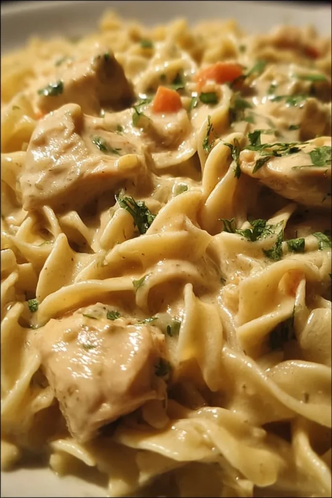 Creamy chicken and noodles dish served in a bowl with herbs on top