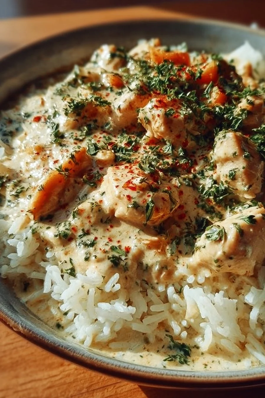 Creamy chicken and rice dish with fresh herbs and vegetables