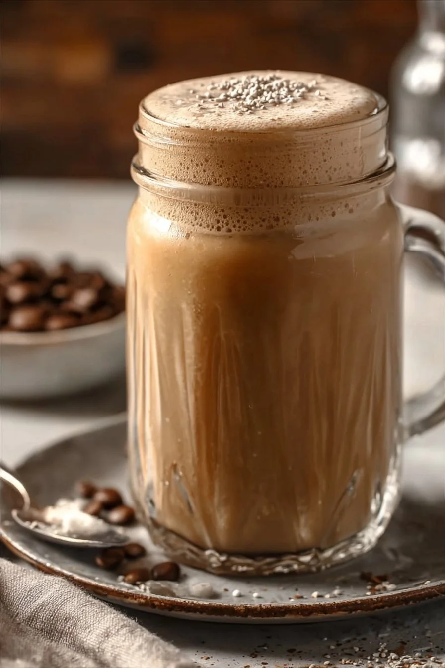 Creamy coffee smoothie in a glass with a straw and coffee beans