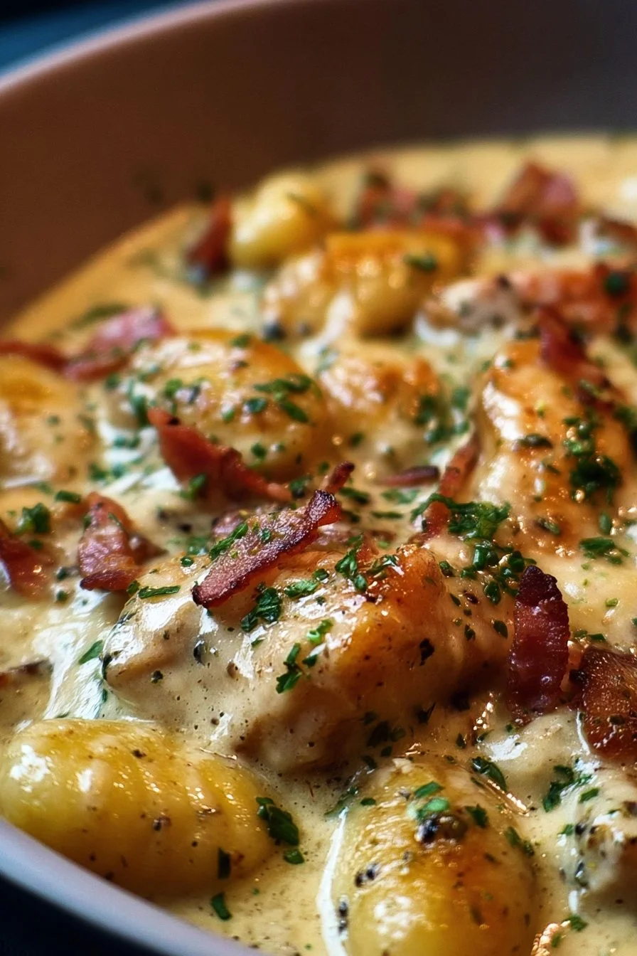 Plate of creamy Crack Chicken Gnocchi garnished with herbs