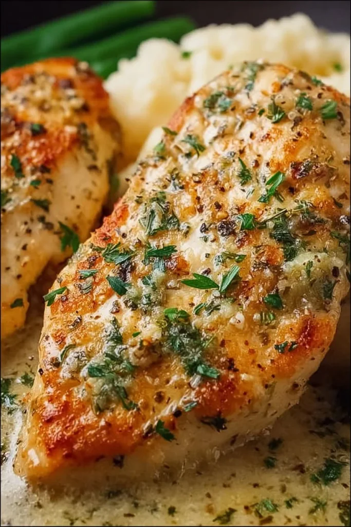 Creamy garlic parmesan chicken breast dish served with herbs and vegetables