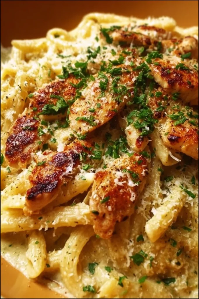 Creamy Garlic Parmesan Chicken Pasta served in a bowl with cheese and herbs