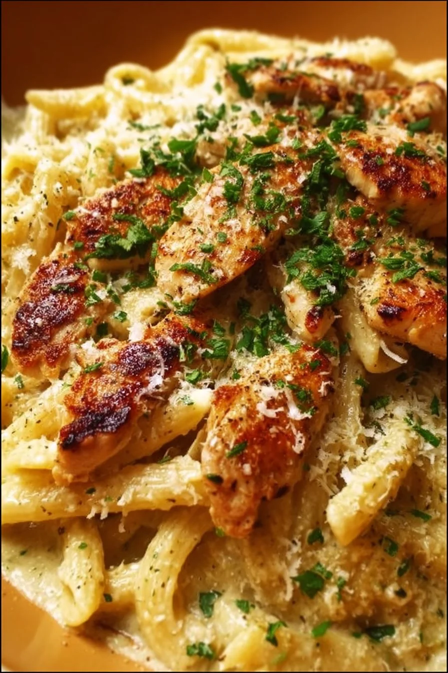 Creamy Garlic Parmesan Chicken Pasta served in a bowl with cheese and herbs