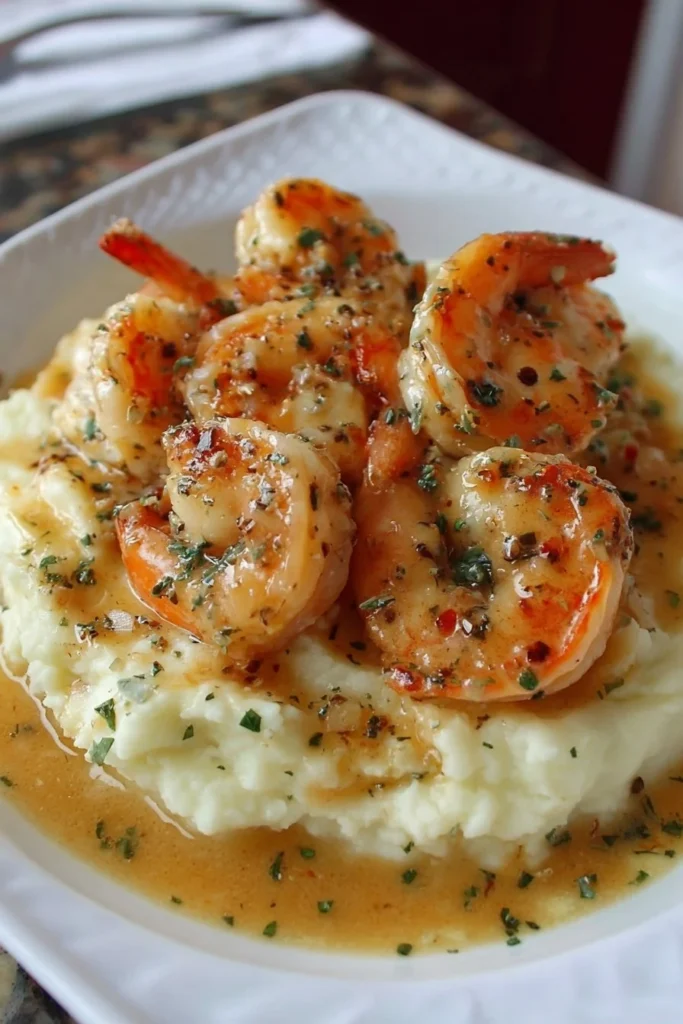 Creamy garlic shrimp served on mashed potatoes, a delicious comfort food dish