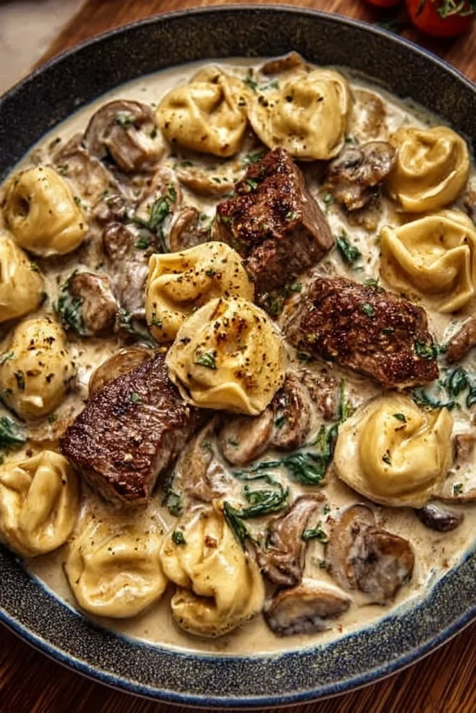 Creamy garlic steak tortellini served in a bowl with herbs and Parmesan cheese.