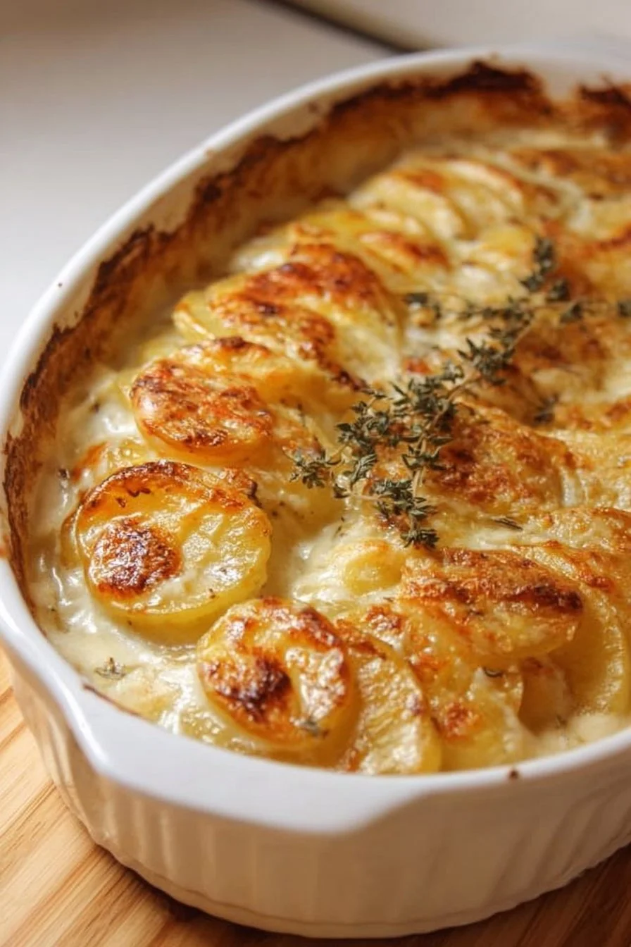 Creamy Scalloped Potatoes 2 Creamy scalloped potatoes topped with cheese and herbs in a baking dish