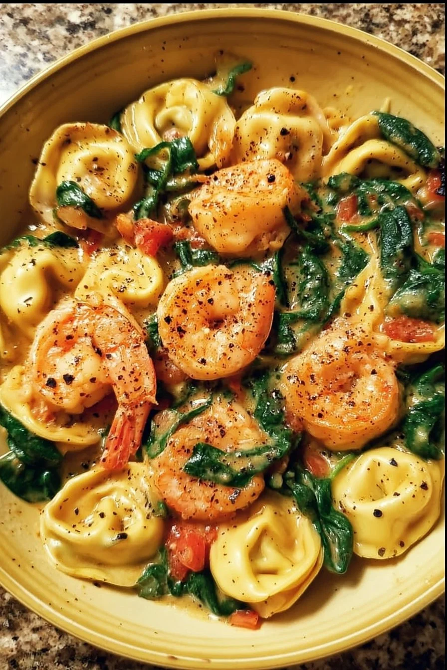 Creamy shrimp and spinach tortellini served in a bowl