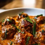 Creamy Tuscan low carb meatballs served with herbs and sauce