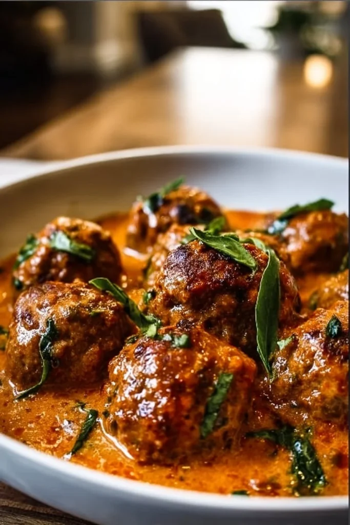 Creamy Tuscan low carb meatballs served with herbs and sauce