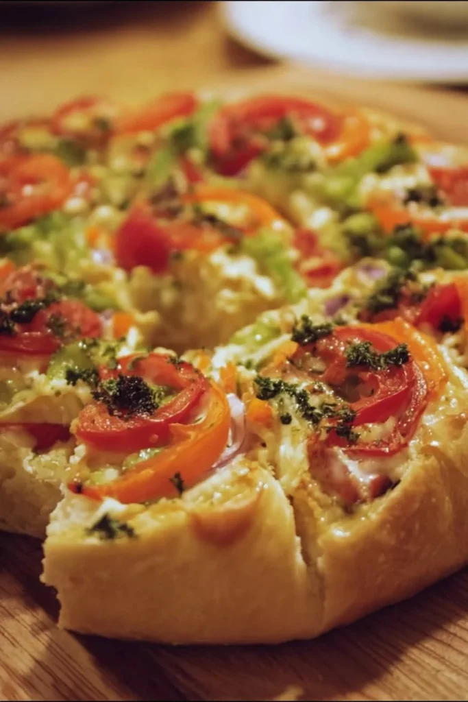 Crescent Roll Veggie Pizza topped with fresh vegetables and cheese