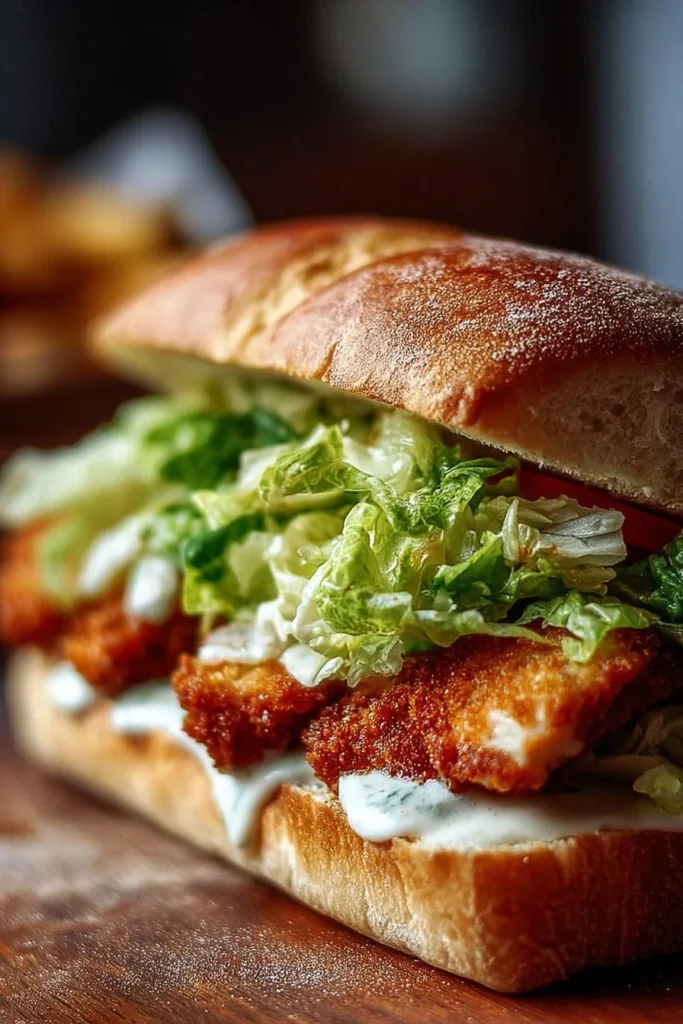 Crispy Chicken Caesar Sandwich with romaine lettuce and dressing