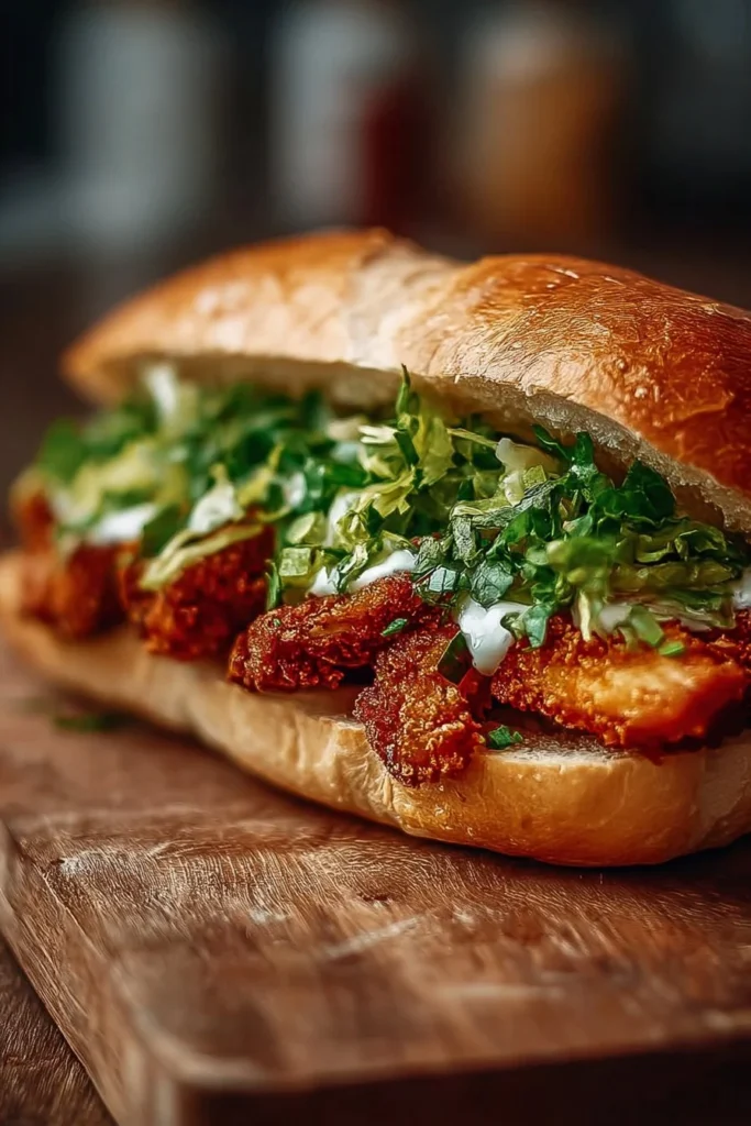 Crispy Chicken Caesar Sandwich with lettuce and sauce on a wooden plate