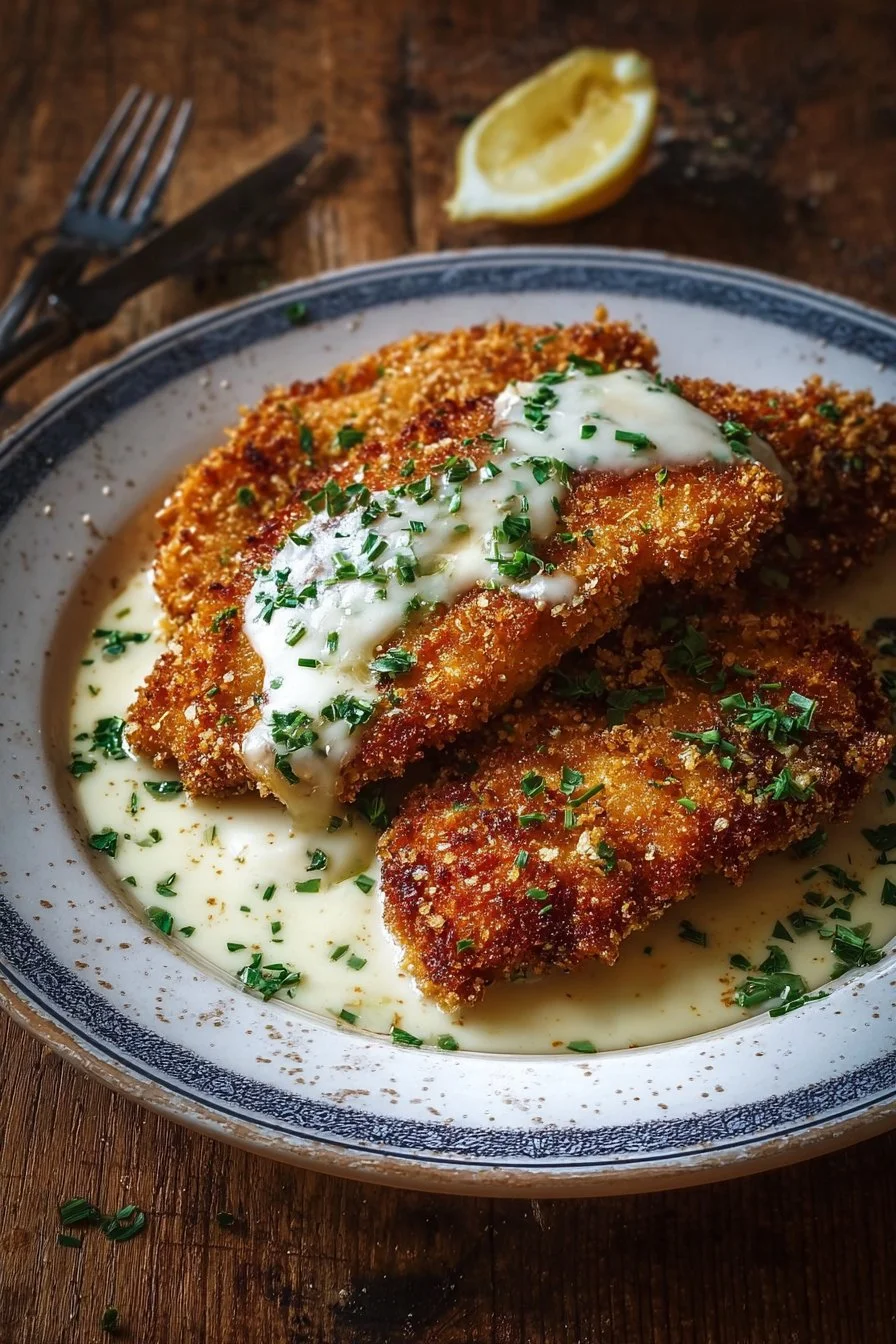 Crispy Chicken with Garlic Cream Sauce 2 Delicious crispy chicken served with a rich garlic cream sauce