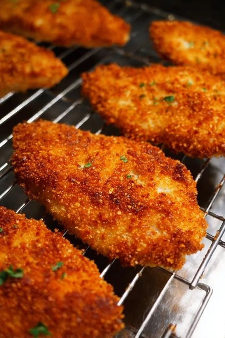 Crispy Panko Crusted Chicken Breasts 2 Crispy panko crusted chicken breasts served on a plate