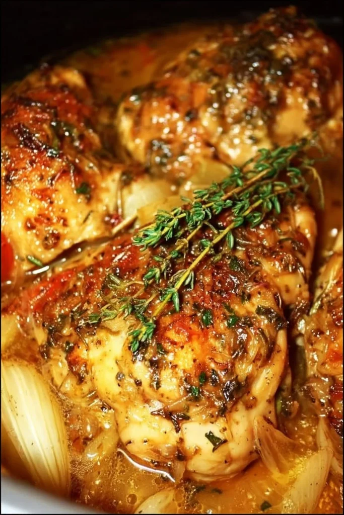 Crock Pot Angel Chicken cooking in a slow cooker with herbs and spices