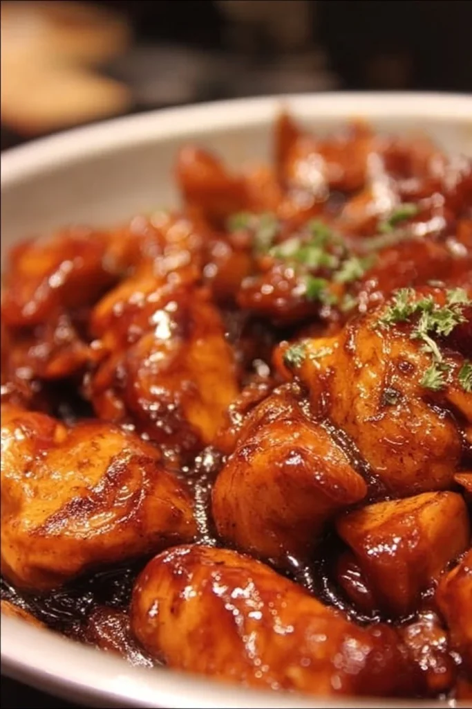 Delicious Crock Pot Bourbon Chicken served with rice and vegetables