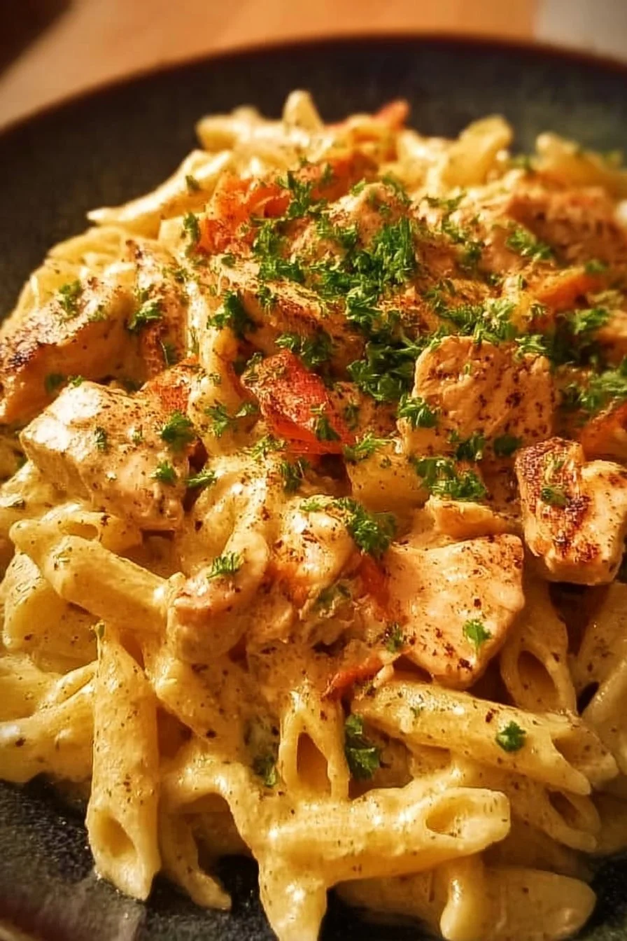 Crock Pot Cajun Chicken Pasta served in a bowl with a sprinkle of parsley